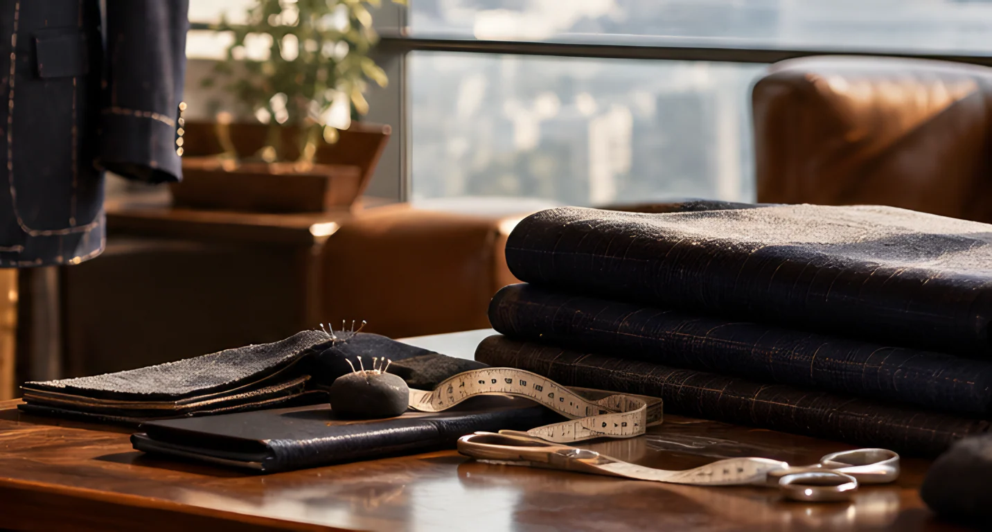 Folded suiting fabrics, tape measure and shears on a tailor's table