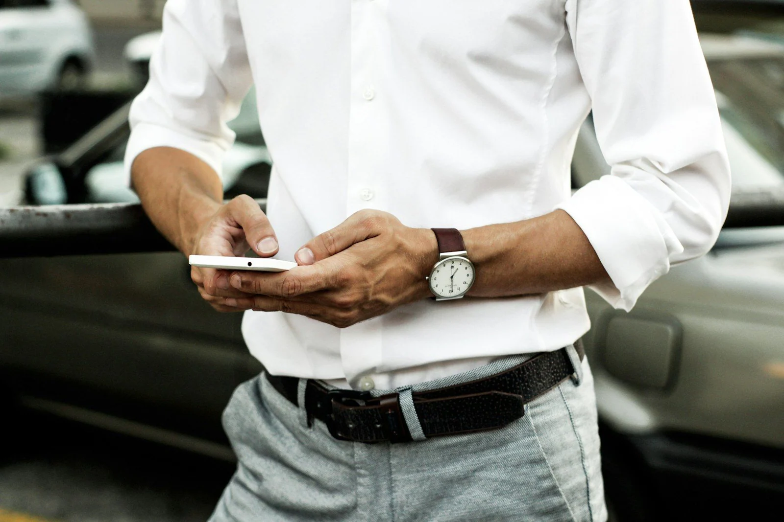 Men's white button up long sleeved shirt