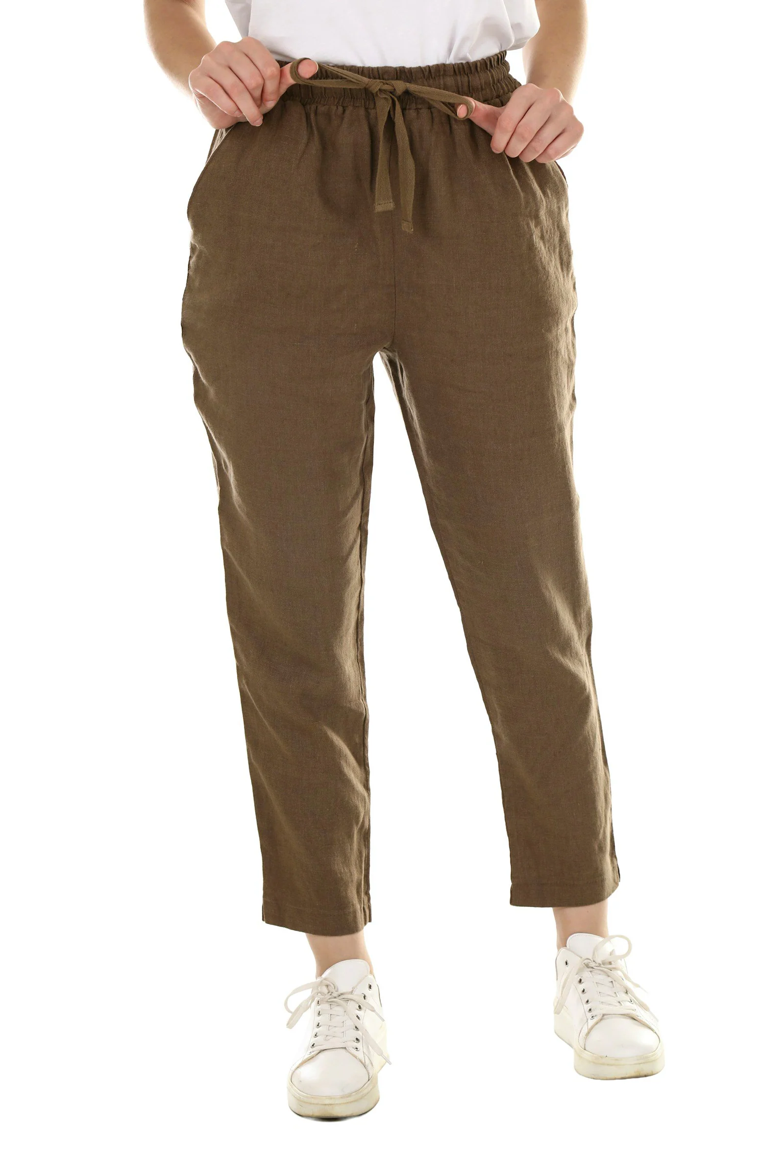 Brown linen trousers with drawstring waist
