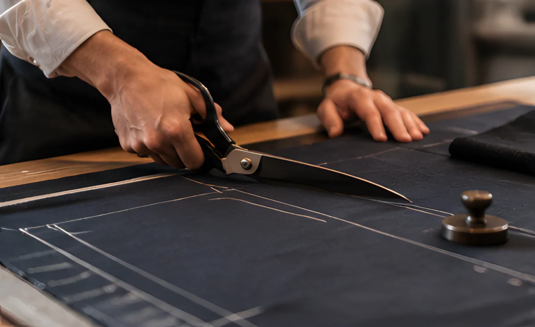 Tailor cutting chalk-marked navy cloth with shears