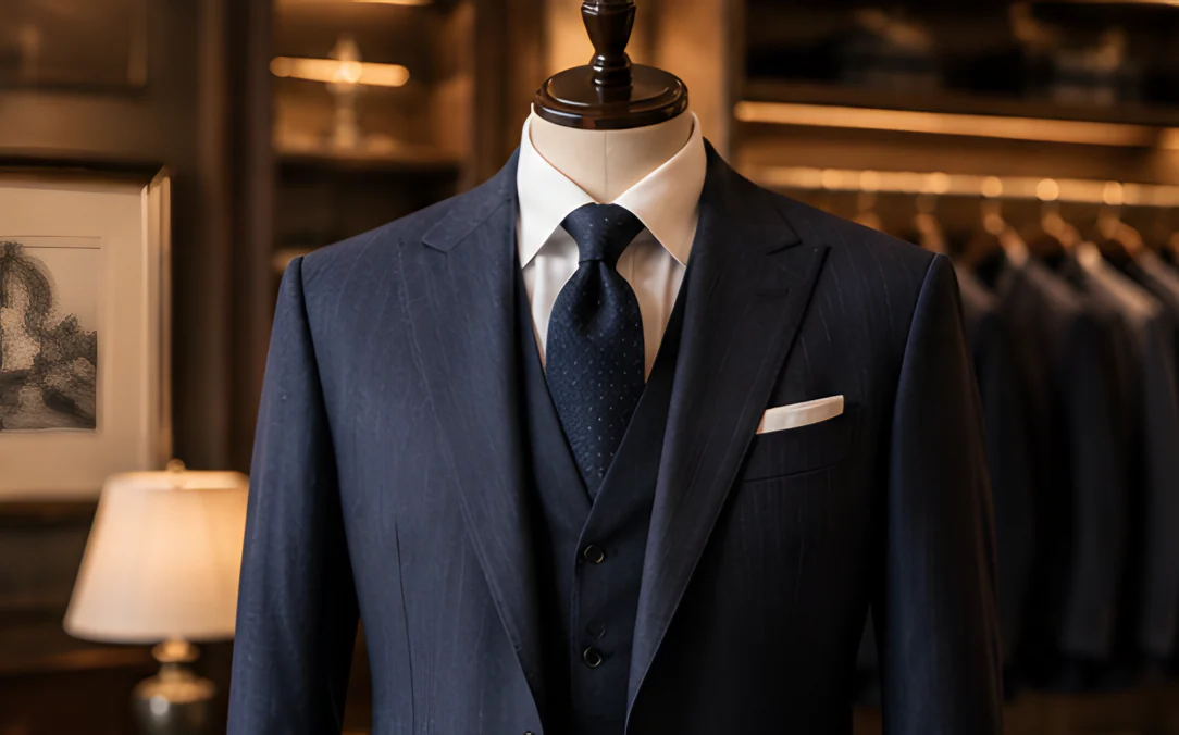 Finished navy suit and waistcoat on a mannequin