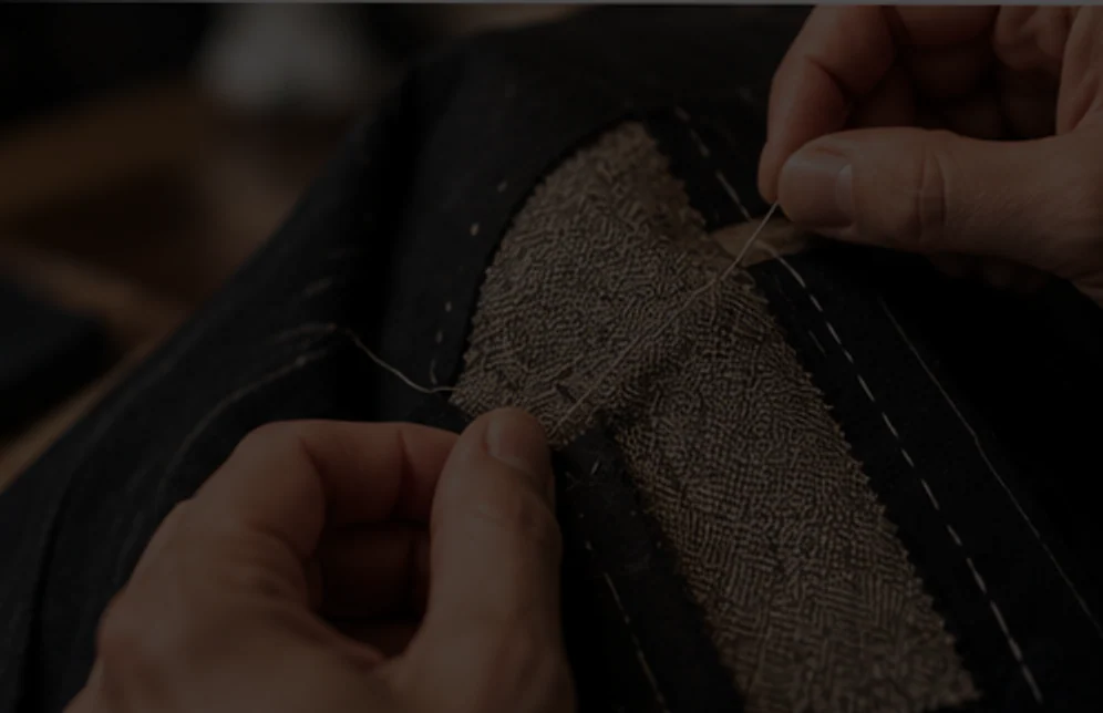 Hands stitching the canvas inside a jacket lapel