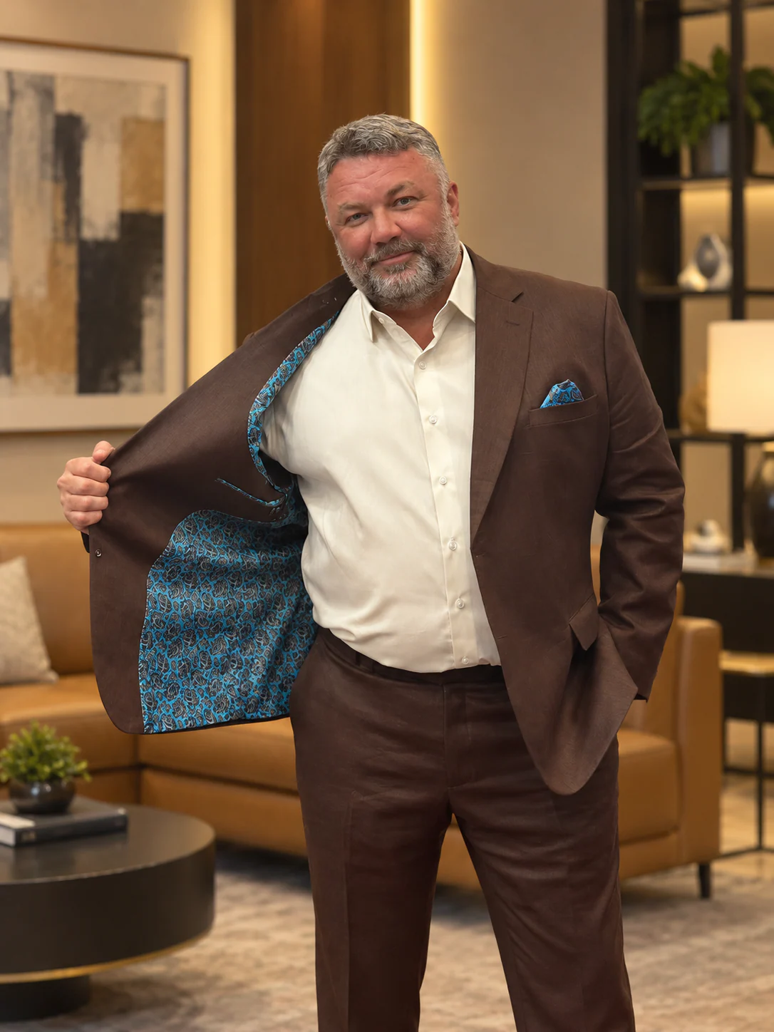 Brown suit jacket with patterned lining