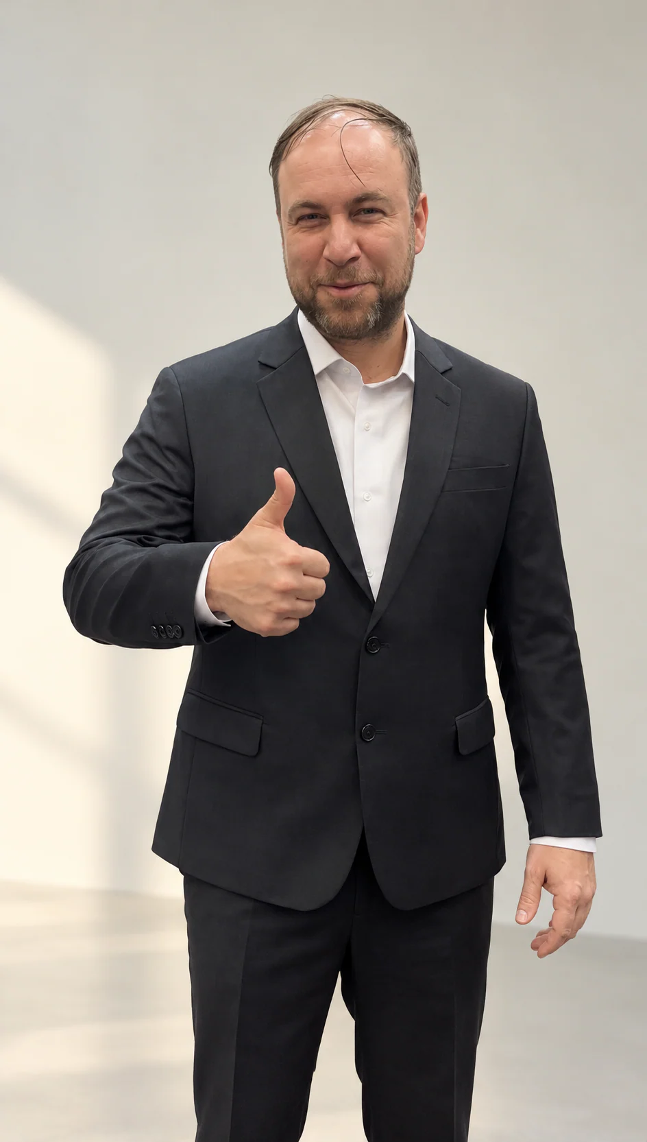 Charcoal suit with open-collar shirt
