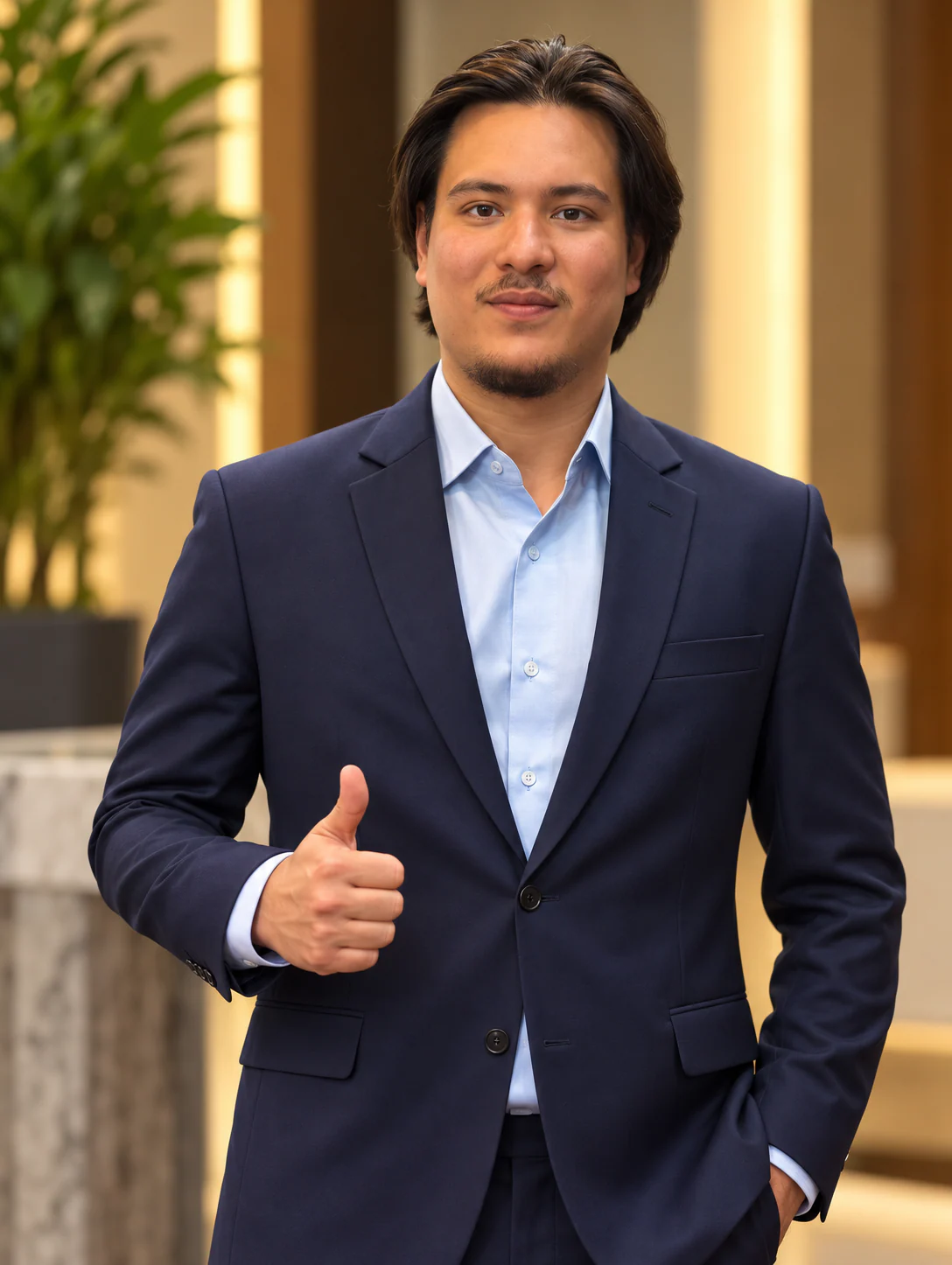 Navy suit with light blue shirt
