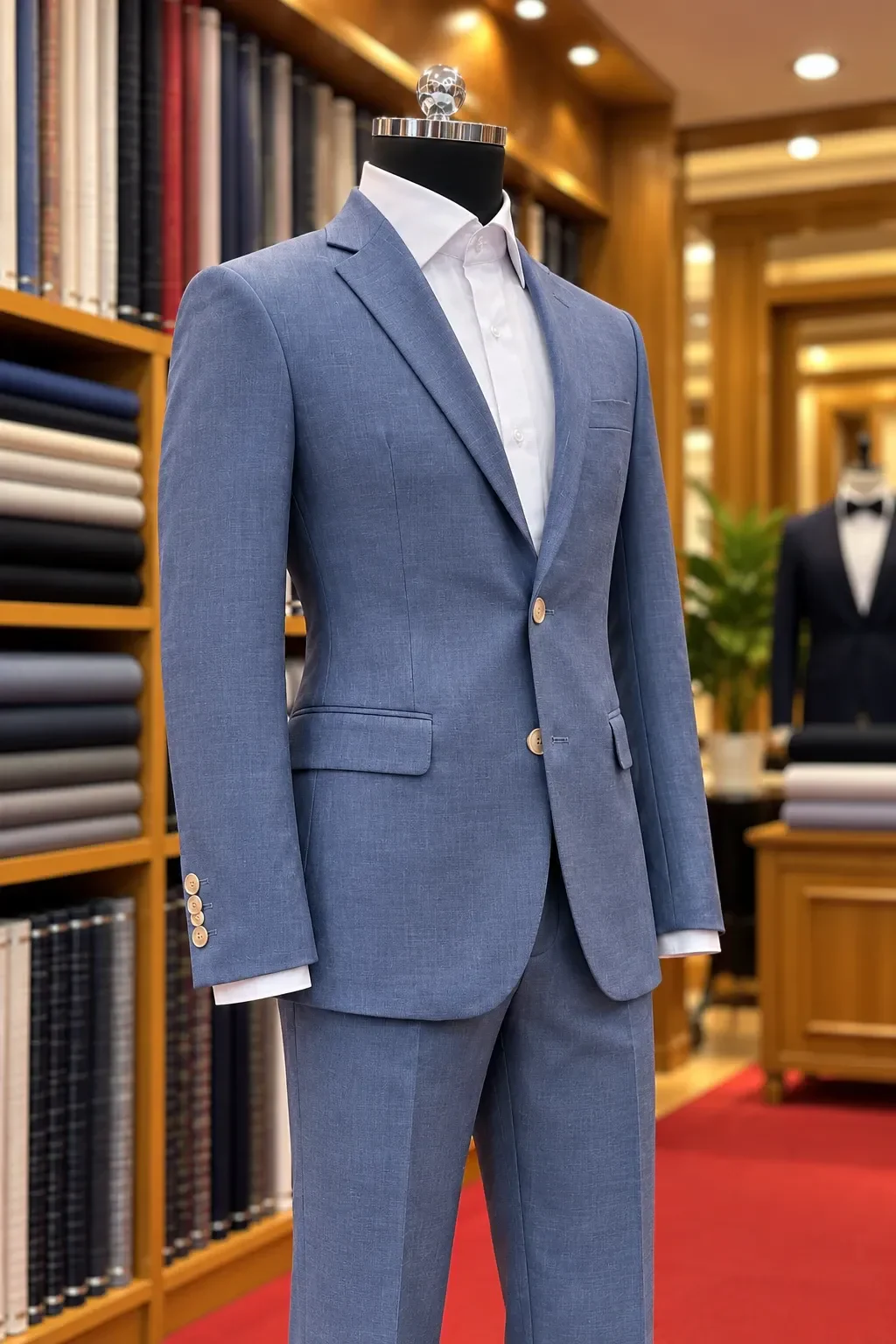 Dusty blue two-piece suit on a mannequin in the Royal King atelier