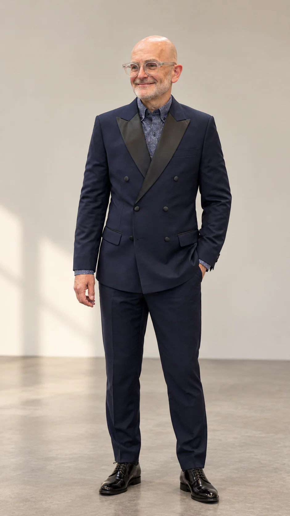 Navy double-breasted dinner suit with satin lapels