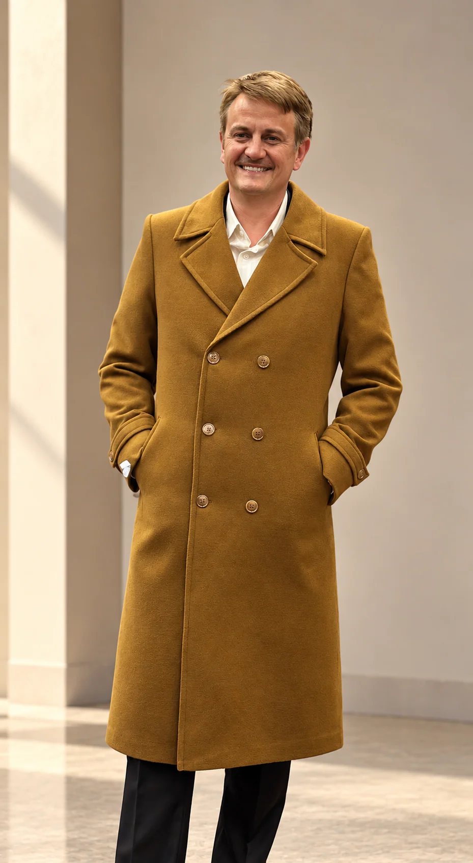 Camel double-breasted wool overcoat