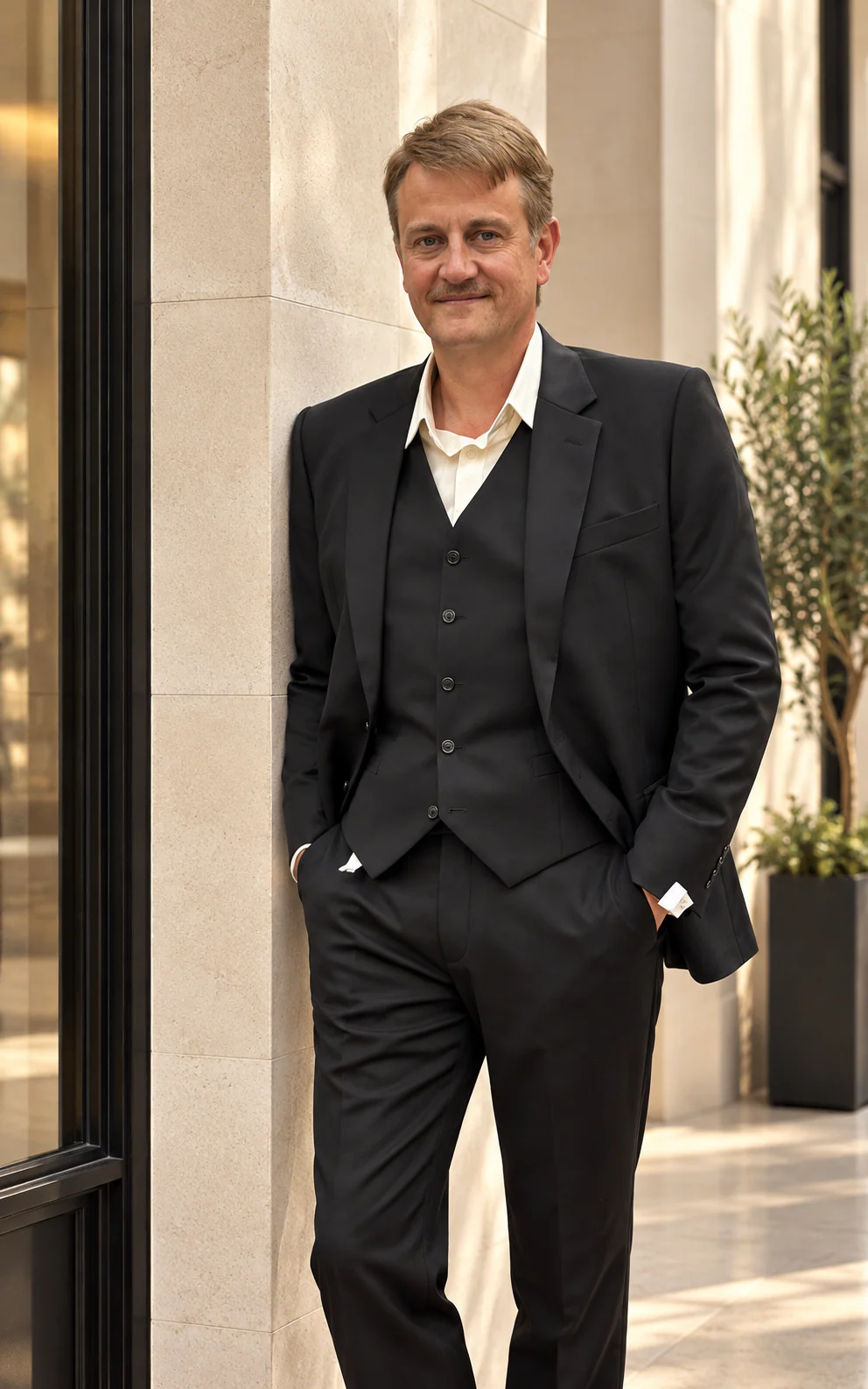 Charcoal three-piece suit