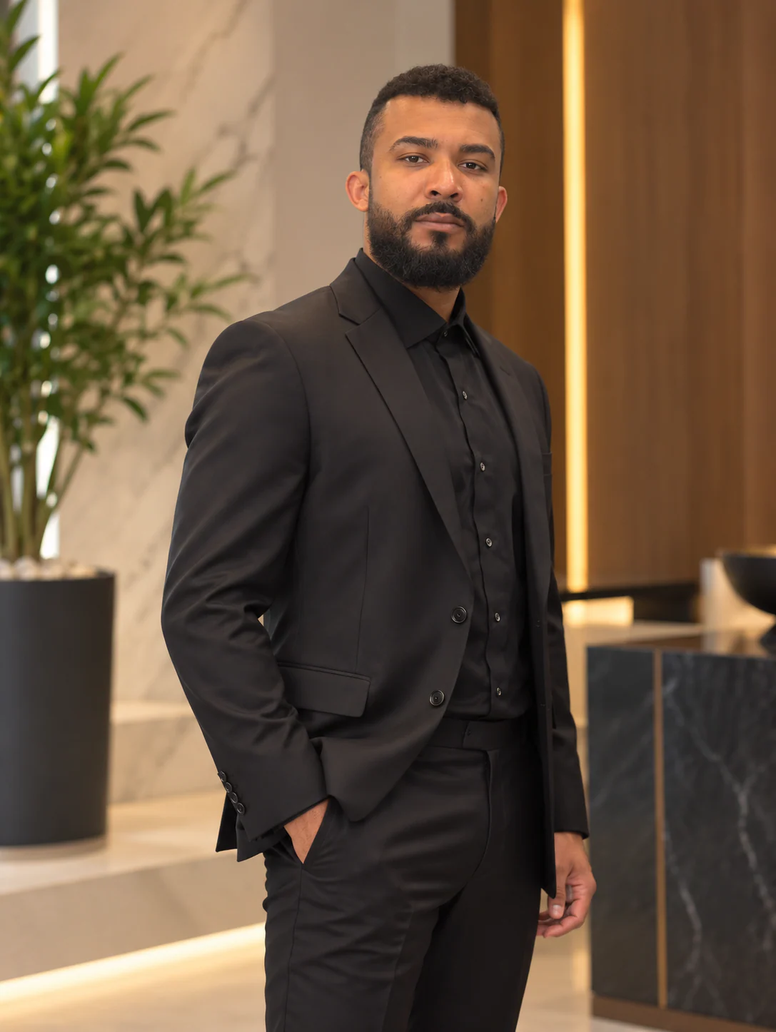 Black suit with black shirt
