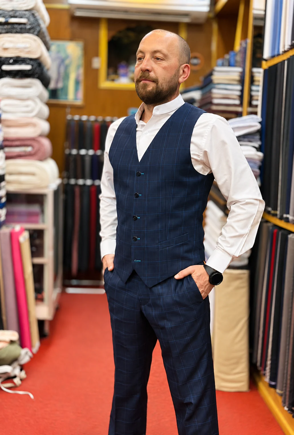 Navy check waistcoat and trousers