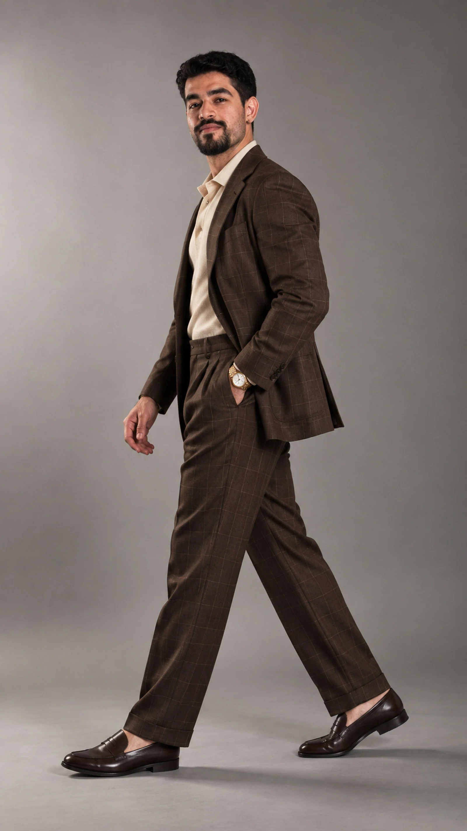 Brown casual suit worn with a T-shirt, walking