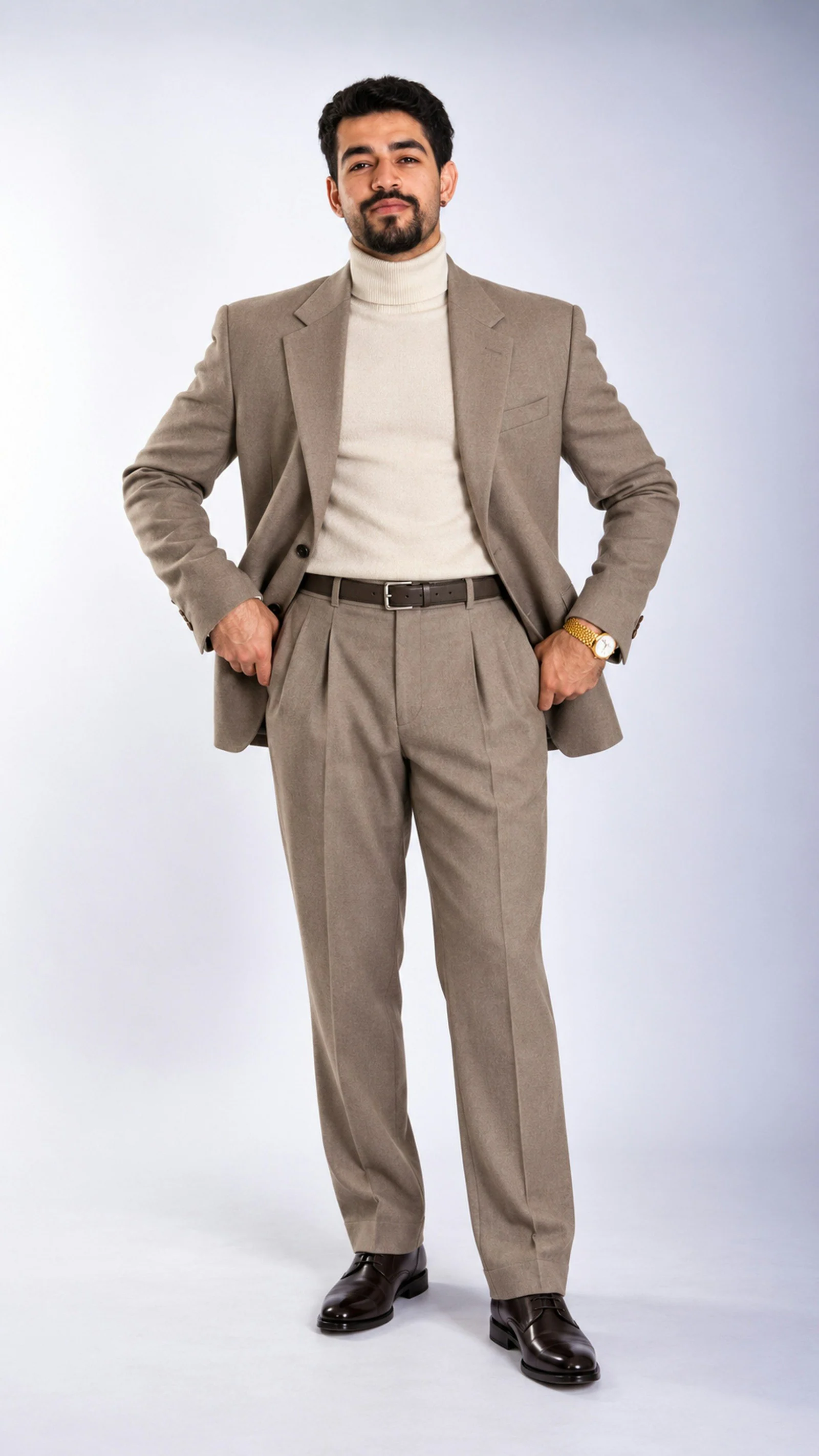Beige casual suit worn with a turtleneck