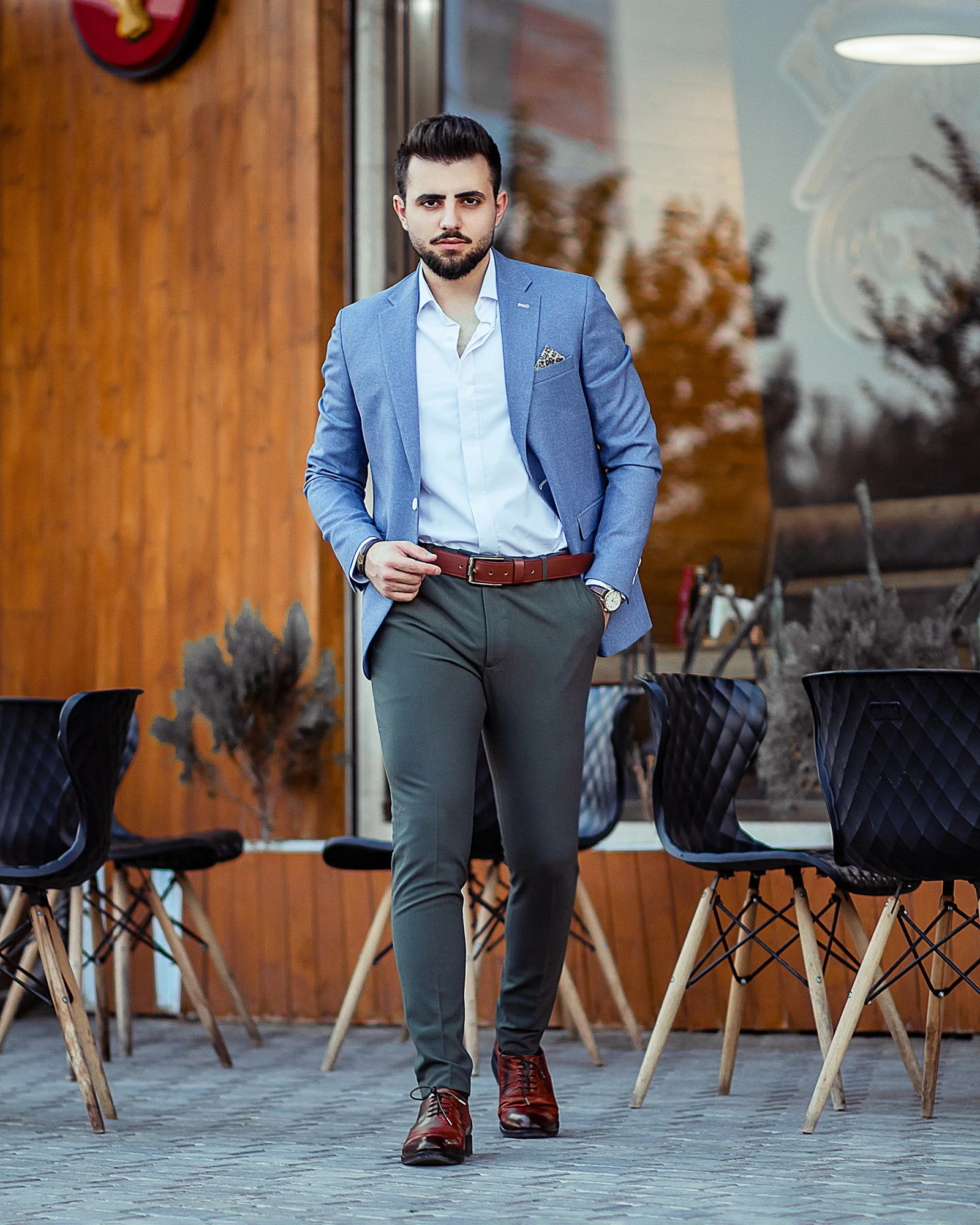 Blue blazer with grey trousers