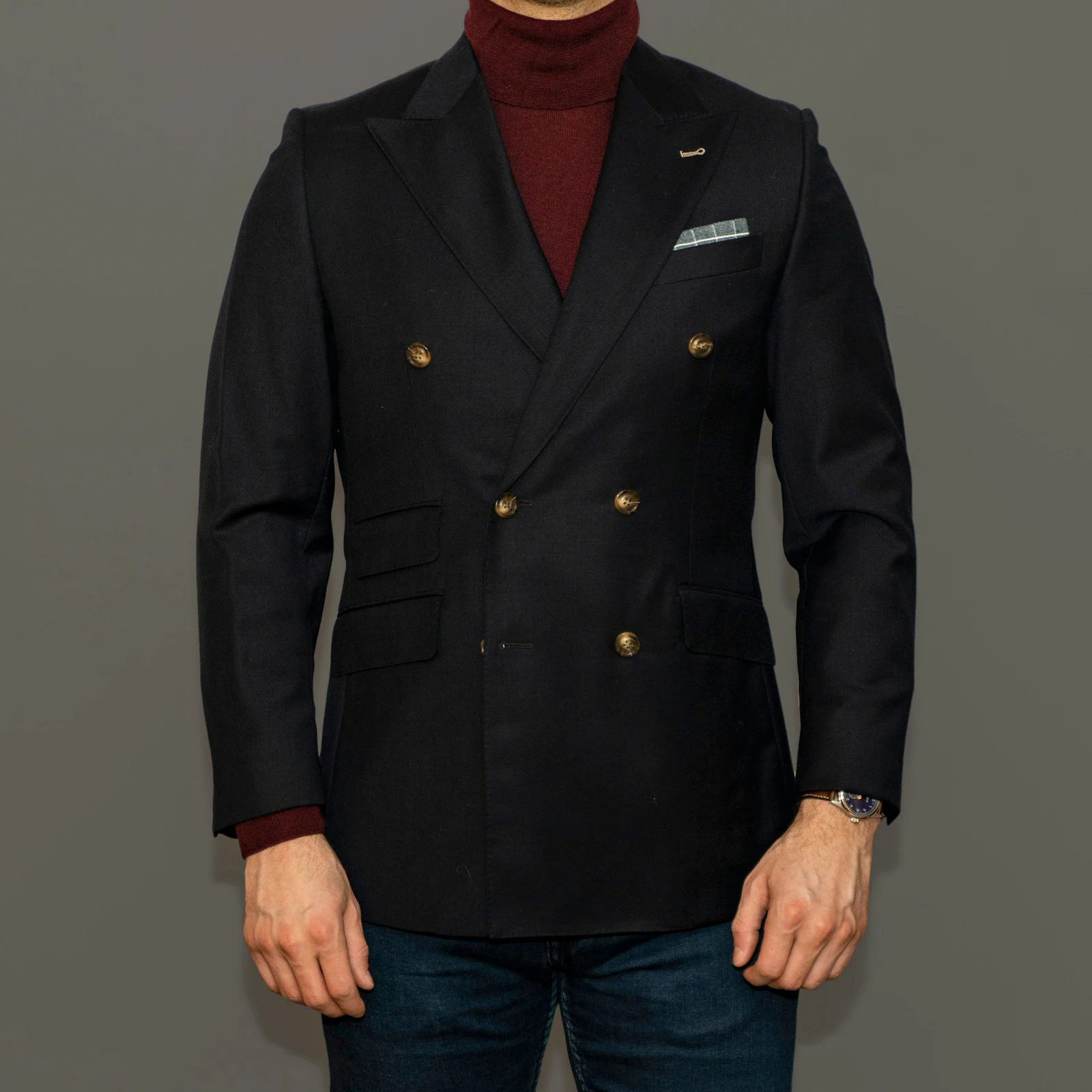 Black double-breasted jacket with gold buttons
