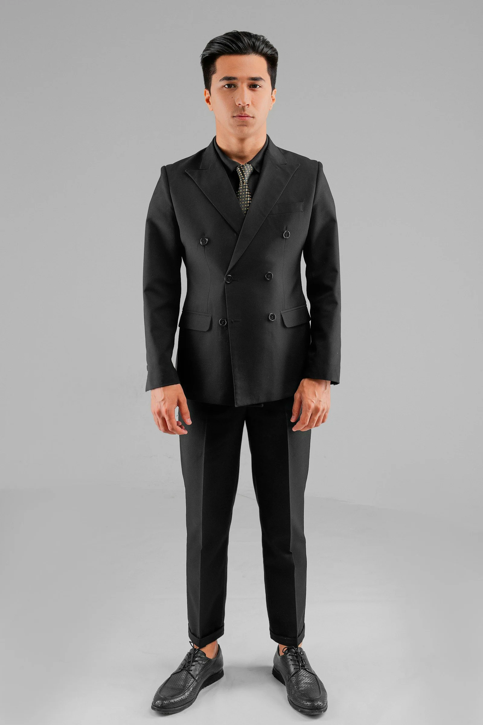 Black double-breasted suit, full length