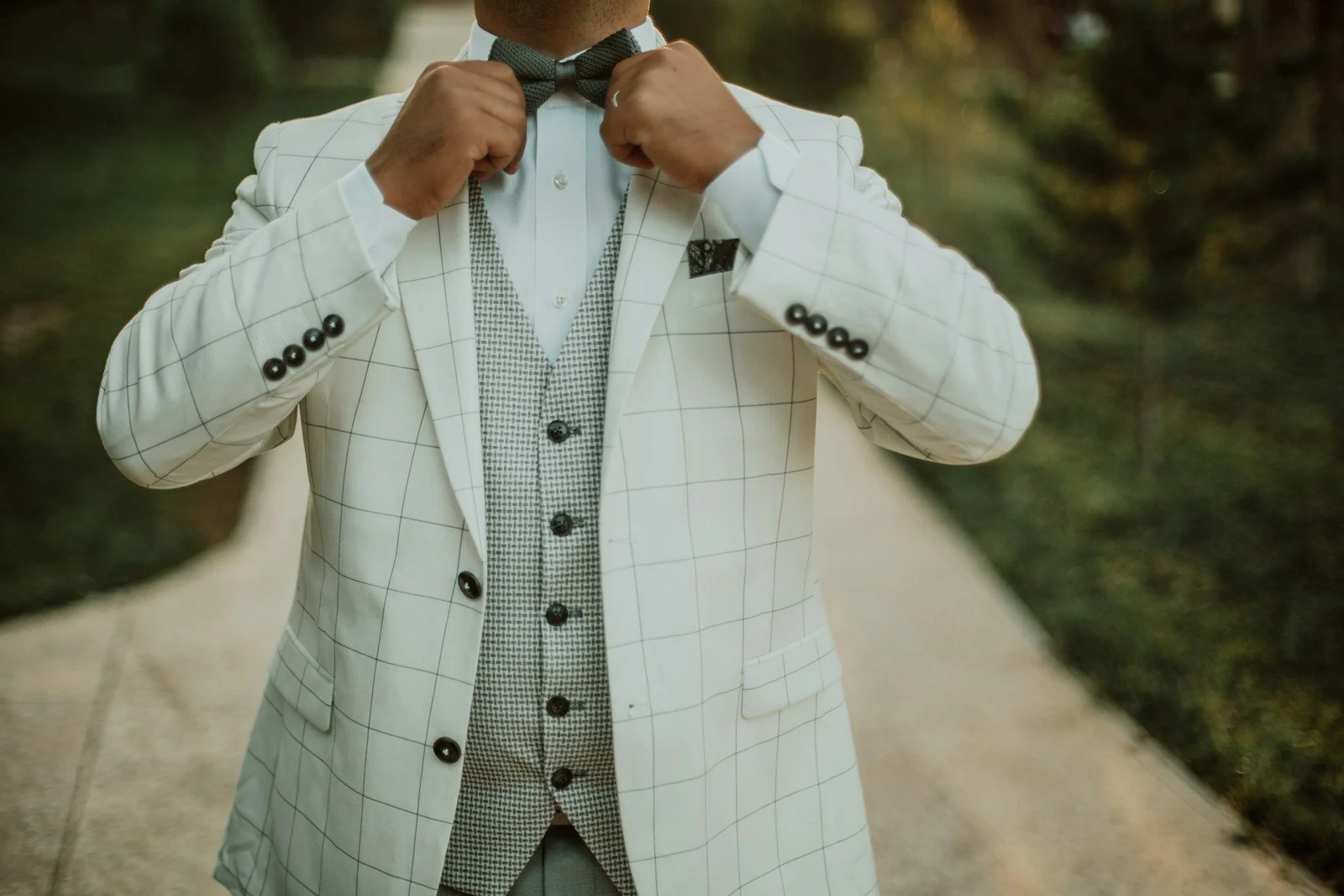 Ivory windowpane jacket and grey waistcoat